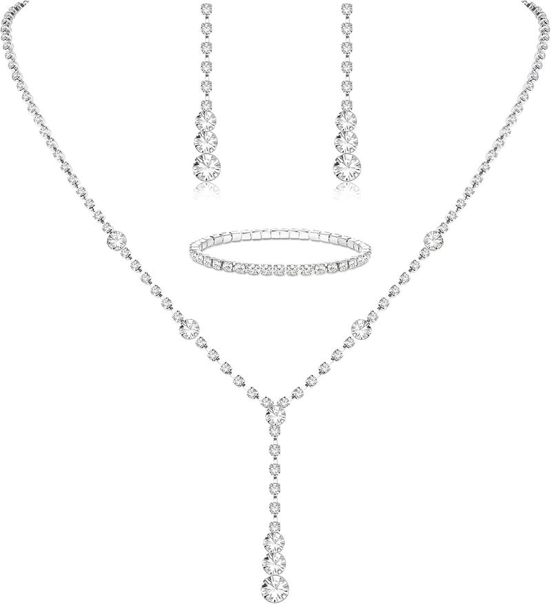 Jstyle Silver Plated Jewelry Set for Women Rhinestone Crystal Necklace Drop Earrings Link Bangle Bracelet Bridal Wedding Jewelry Sets for Brides Bridemaid Prom Costume Accessories - Image 1
